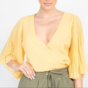 Yellow Woven Top with 3/4 Bell Sleeves with Pleats Detail, and Self-Tie